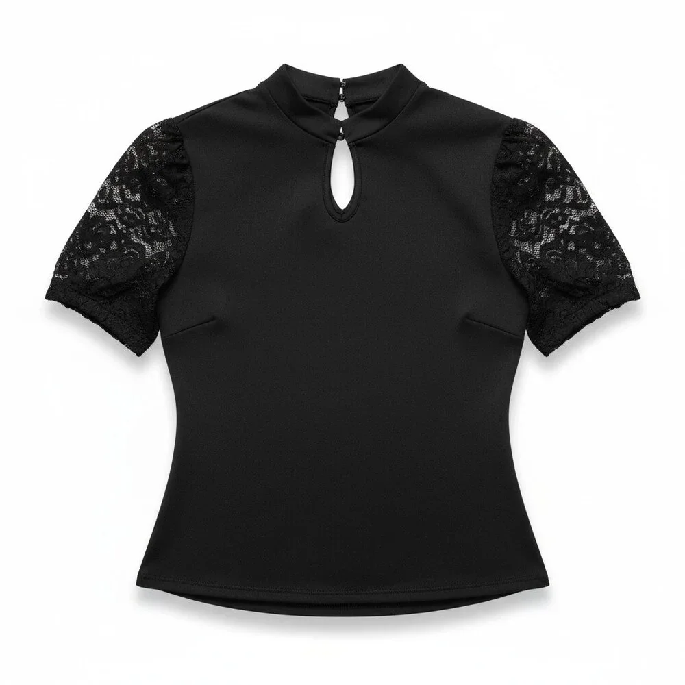 SHEIN Black Lace Keyhole Neckline Short Sleeve Top Mock Neck Small Evening Party - Picture 5 of 7